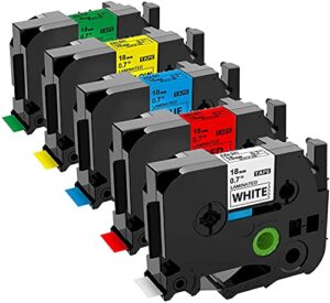 tz tape 18mm 0.7 laminated compatible for brother p touch 3/4 inch label tape (black on white/red/blue/yellow/green) for ptouch ptd400, ptd600, ptd400ad ptp700 label maker,5-pack
