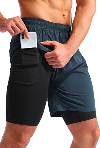 Pudolla Men’s 2 in 1 Running Shorts 7" Quick Dry Gym Athletic Workout Shorts for Men with Phone Pockets(Navy Blue Large)