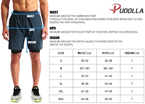 Pudolla Men’s 2 in 1 Running Shorts 7" Quick Dry Gym Athletic Workout Shorts for Men with Phone Pockets(Navy Blue Large)