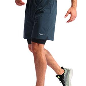 Pudolla Men’s 2 in 1 Running Shorts 7" Quick Dry Gym Athletic Workout Shorts for Men with Phone Pockets(Navy Blue Large)