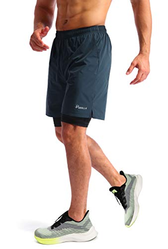 Pudolla Men’s 2 in 1 Running Shorts 7" Quick Dry Gym Athletic Workout Shorts for Men with Phone Pockets(Navy Blue Large)