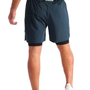 Pudolla Men’s 2 in 1 Running Shorts 7" Quick Dry Gym Athletic Workout Shorts for Men with Phone Pockets(Navy Blue Large)