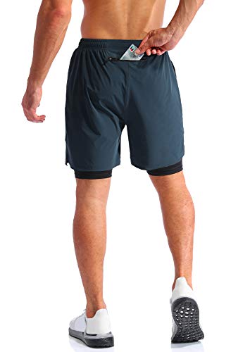 Pudolla Men’s 2 in 1 Running Shorts 7" Quick Dry Gym Athletic Workout Shorts for Men with Phone Pockets(Navy Blue Large)