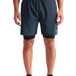 Pudolla Men’s 2 in 1 Running Shorts 7" Quick Dry Gym Athletic Workout Shorts for Men with Phone Pockets(Navy Blue Large)