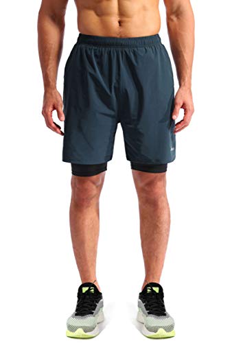 Pudolla Men’s 2 in 1 Running Shorts 7" Quick Dry Gym Athletic Workout Shorts for Men with Phone Pockets(Navy Blue Large)