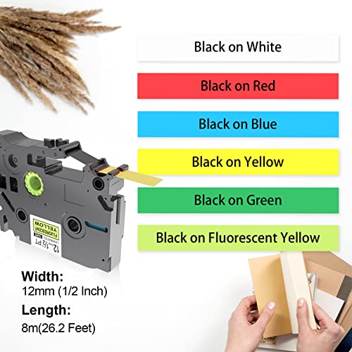 6 Pack Compatible with P-Touch Label Tape 12mm 0.47 inch Laminated Tze Tape Black on White/Fluorescent Yellow/Red/Blue/Yellow/Green Replacement for Brother P Touch Label Maker PT-H110 D600 D210