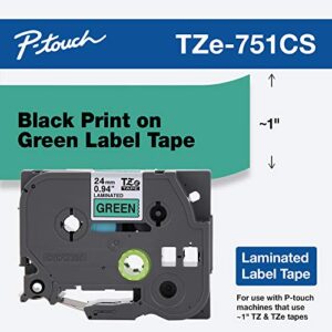Brother Genuine P-touch, TZe-751CS, 0.94” x 26.2’, Black on Green Laminated Label Tape