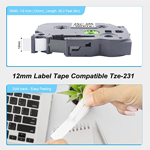 Compatible Label Tape Replacement for Brother TZe-231 P Touch Label Maker Tape 12mm 0.47" Laminated White TZ-231 Tze231 for P Touch PTD210 PTH110 PTD400 PTD600,Black on White,3-Pack