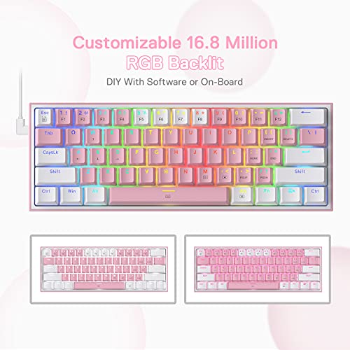 Redragon K617 Fizz 60% Wired RGB Gaming Keyboard, 61 Keys Compact Mechanical Keyboard w/White and Pink Color Keycaps, Linear Red Switch, Pro Driver/Software Supported