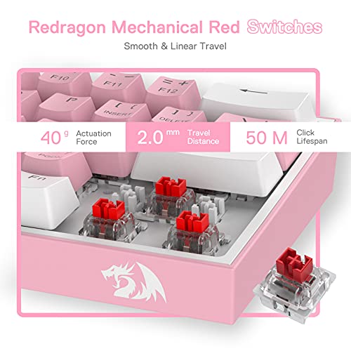 Redragon K617 Fizz 60% Wired RGB Gaming Keyboard, 61 Keys Compact Mechanical Keyboard w/White and Pink Color Keycaps, Linear Red Switch, Pro Driver/Software Supported