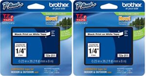 brother genuine p-touch 2-pack tze-211 laminated tape, black print on white standard adhesive laminated tape for p-touch label makers, each roll is 0.23″/6mm (1/4″) wide, 26.2 (8m) long