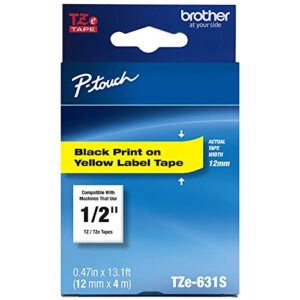 brother genuine p-touch tze-631s economy label tape, standard laminated p-touch tape, black on yellow, perfect for indoor or outdoor use, water resistant, (4m), single-pack