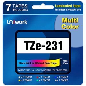 uniwork tze-231 7-pack compatible label tapes replacement for brother p touch tze231 tze 231 431 531 631 731 931 p touch laminated 12mm 0.47 inch for ptouch pt-d210 h110 d400 label maker, multi color