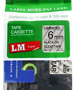 LM Tapes - Brother PT-1750 1/4" (6mm 0.23 Laminated) Black on Clear Compatible TZe P-Touch Tape for Brother Model PT1750 Label Maker with Free Tape Guide Included