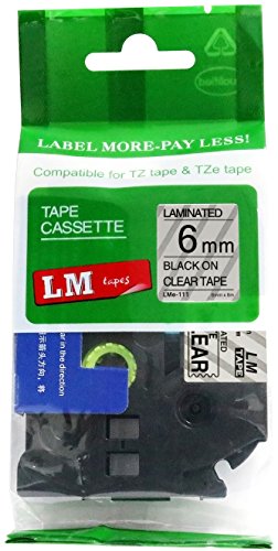 LM Tapes - Brother PT-1750 1/4" (6mm 0.23 Laminated) Black on Clear Compatible TZe P-Touch Tape for Brother Model PT1750 Label Maker with Free Tape Guide Included