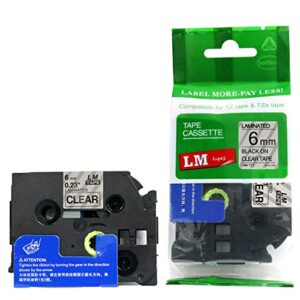 LM Tapes - Brother PT-1750 1/4" (6mm 0.23 Laminated) Black on Clear Compatible TZe P-Touch Tape for Brother Model PT1750 Label Maker with Free Tape Guide Included