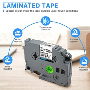 Unismar 1/2'' Black on Clear TZe Label Tape Compatible for Brother TZe-131 TZe131 TZ 12mm 0.47 Laminated Tape Clear for Ptouch PTD220 PTD200 PTD210 PTD400AD PTH100 Label Maker, 1/2'' x 26.2', 5-Pack