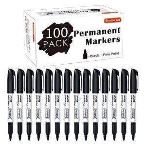 permanent markers,shuttle art 100 pack black permanent marker set,fine point, works on plastic,wood,stone,metal and glass for doodling, marking