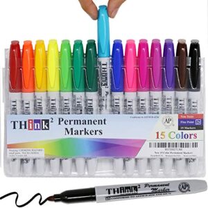 [15 markers – 15 colors] think2 bullet tip permanent markers. (15 assorted colors) works on paper, plastic, stone, metal and glass. waterproof, nontoxic. and low odor. great for kids & everyone