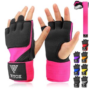 wyox gel quick hand wraps for boxing mma kickboxing – ez-off & on – padded knuckle with wrist wrap protection for men women youth (pink, s-m)