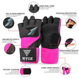 WYOX Gel Quick Hand Wraps for Boxing MMA Kickboxing - EZ-Off & On - Padded Knuckle with Wrist Wrap Protection for Men Women Youth (Pink, S-M)