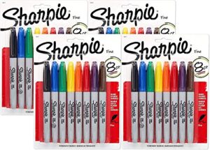 sharpie 30217pp fine point permanent markers, ink dries quickly and resists both fading and water, blister of 8 markers, pack of 4 blisters, 32 markers total, assorted colors