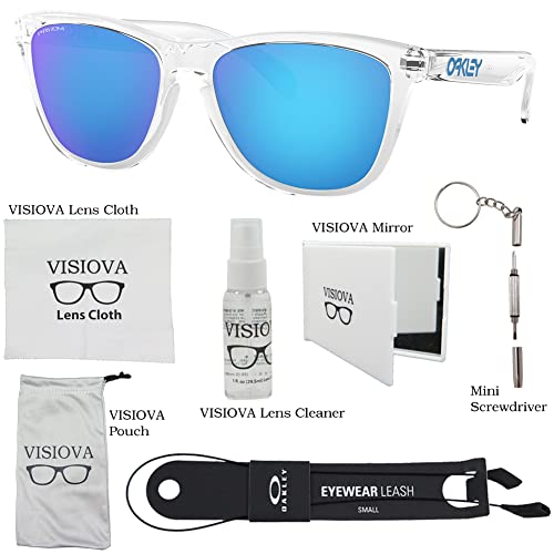 Oakley Frogskins OO9013 9013D0 55mm Crystal Clear/Prizm Sapphire Sunglasses for Men For Women Bundle Leash +VISIOVA Accessories