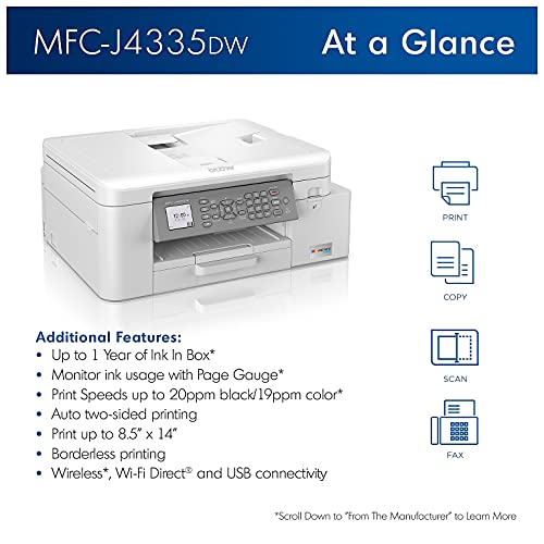 Brother INKvestment Tank MFC-J4335DWB Wireless Color All-in-One Inkjet Printer, White - Print Copy Scan Fax - 20 ppm, 4800 x 1200 dpi, Auto Duplex Printing, 20-Sheet ADF, CBMOUN Printer Cable