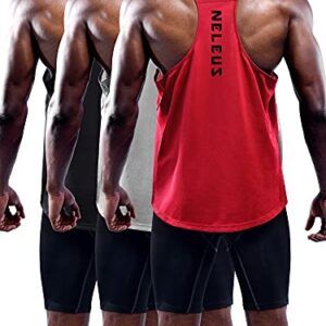 NELEUS Men's 3 Pack Workout Running Tank Top Sleeveless Gym Athletic Shirts,5080,Black/Grey/Red,L