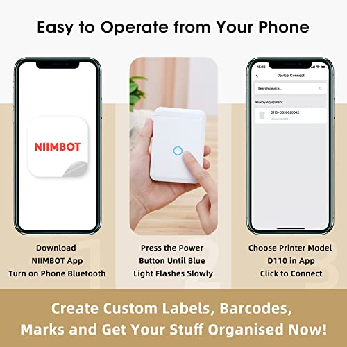 NIIMBOT D110 Thermal Label Makers with 1 Roll Tape, Portable Mini Wireless Bluetooth Sticker Printer for Home Office School Use, Mobile Phone Editable, Printable Width 0.47 inch, White