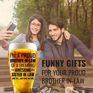 Onebttl Gifts for Brother in Law from Sister in Law, Beer Glass Funny Gift Idea for Christmas, Father's Day, Birthday, Box and Greeting Card Included Proud Brother in Law