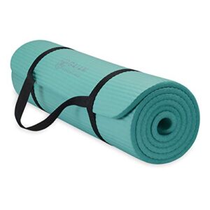 gaiam essentials thick yoga mat fitness & exercise mat with easy-cinch carrier strap, teal, 72″l x 24″w x 2/5 inch thick