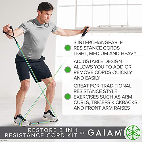 Gaiam Restore 3-in-1 Resistance Band Kit | Exercise Cord with Comfort-Grip Foam Handles & Easy-Adjust Clips for High Intensity Training