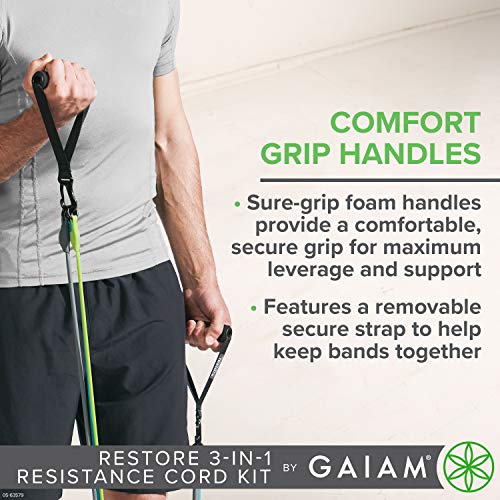 Gaiam Restore 3-in-1 Resistance Band Kit | Exercise Cord with Comfort-Grip Foam Handles & Easy-Adjust Clips for High Intensity Training