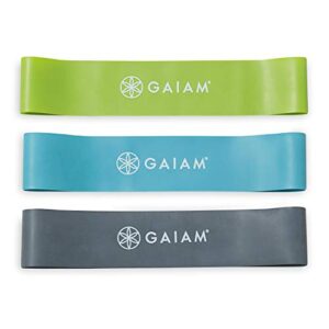 gaiam restore mini band kit, set of 3, light, medium, heavy lower body loop resistance bands for legs and booty exercises & workouts, 12″ x 2″ bands