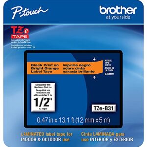 brother genuine p-touch, tze-b31cs, 0.47” x 16.4’, black on fluorescent orange laminated label tape