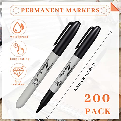 Epakh 200 Pack Permanent Markers Bulk Black Permanent Marker Set Fine Point Marker Pens Waterproof Markers Smear Proof Pens Works on Plastic, Wood, Stone, Metal and Glass(Black)