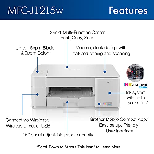 Brother MFC-J1215W INKvestment Tank Wireless All-in-One Color Inkjet Printer for Home Office - Print, Copy, Scan - 16 ppm, 1200 x 600 dpi, Voice Control, 150 Sheets - BROAGE 4 Feet Printer Cable