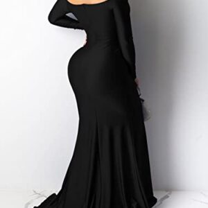 Uni Clau Women Sexy Off Shoulder V Neck Long Sleeve Ruched Maxi Dress High Split Formal Party Gown Nigh Maxi Dresses Black M