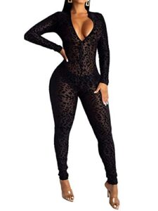 uni clau women see through bodycon jumpsuit – one piece deep v neck outfits sheer mesh leopard clubwear jumpsuit rompers black l