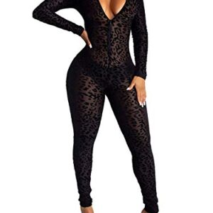 Uni Clau Women See Through Bodycon Jumpsuit - One Piece Deep V Neck Outfits Sheer Mesh Leopard Clubwear Jumpsuit Rompers Black L