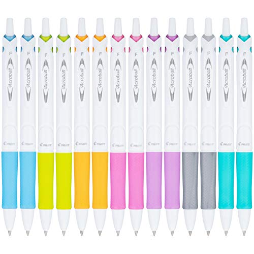 PILOT Acroball PureWhite Advanced Ink Refillable & Retractable Ball Point Pens with Assorted Accents, Fine Point, Black Ink, 14-Pack (14691)