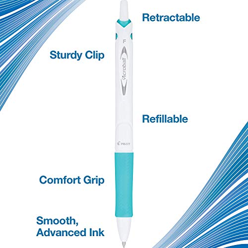 PILOT Acroball PureWhite Advanced Ink Refillable & Retractable Ball Point Pens with Assorted Accents, Fine Point, Black Ink, 14-Pack (14691)