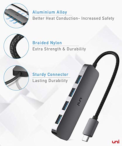uni USB C to USB Hub 4 Ports, Aluminum USB Type C to USB Adapter with 4 USB 3.0 Ports, Thunderbolt 3 to Multiport USB 3.0 Hub Adapter for MacBook Pro/Air 2020/2019, iPad Pro, Dell, Chromebook and more