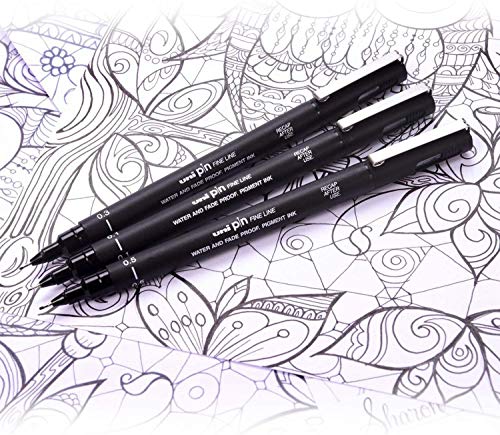 Uni Pin Drawing Pens/6 Assorted Tip Sizes, Uni Pin Technical Fineliner Pens, Pack of 6 Assorted Tip Sizes, Black Ink