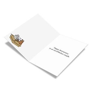 NobleWorks - Funny Anniversary Card with Envelope - Cartoon Marriage Humor, Spouse Notecard for Anniversary - Cat Box C7005ANG