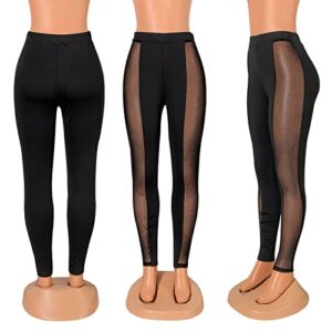 Uni Clau Women Sexy Casual See Through Elastic Pencil Pants Mesh Leggings High Waist Sweatpants Tights Black 2XL