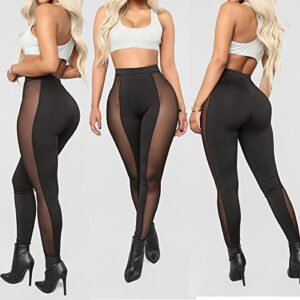 Uni Clau Women Sexy Casual See Through Elastic Pencil Pants Mesh Leggings High Waist Sweatpants Tights Black 2XL