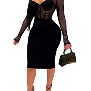 Uni Clau Women Sexy V Neck Mesh Patchwork Bodycon Dress Off Shouler See Through Long Sleeve Bodycon Dress Midi Party Club Dress Black L