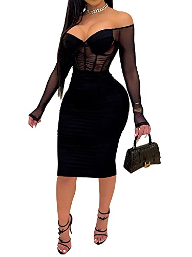 Uni Clau Women Sexy V Neck Mesh Patchwork Bodycon Dress Off Shouler See Through Long Sleeve Bodycon Dress Midi Party Club Dress Black L